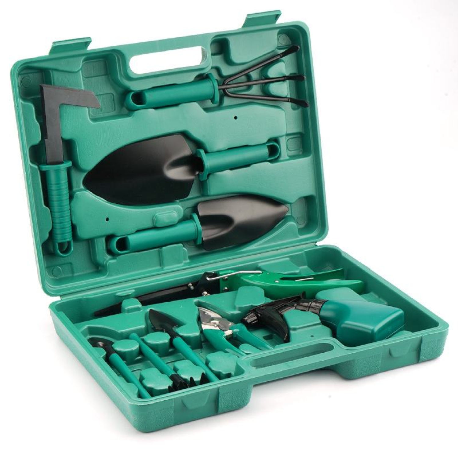 A ten-piece gardening tool set including a rake, shovel, weed cutter, scissors, spray bottle, and pruning shears.