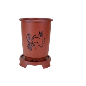 Imitation Zisha clay cylindrical plastic flower pot with printed lettering