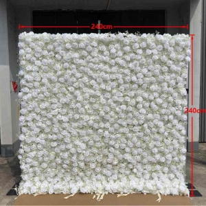 White artificial roses and hydrangea wall
