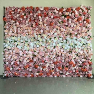 Artificial roses and hydrangeas wall in a gradient from pink to purple