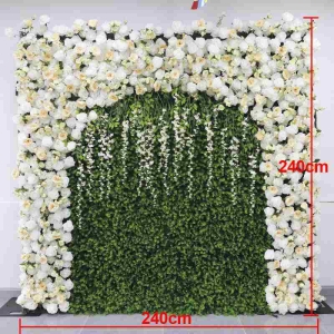 Artificial roses and green plants wall