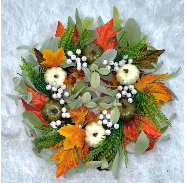 Plastic white pumpkin and maple leaf wreath