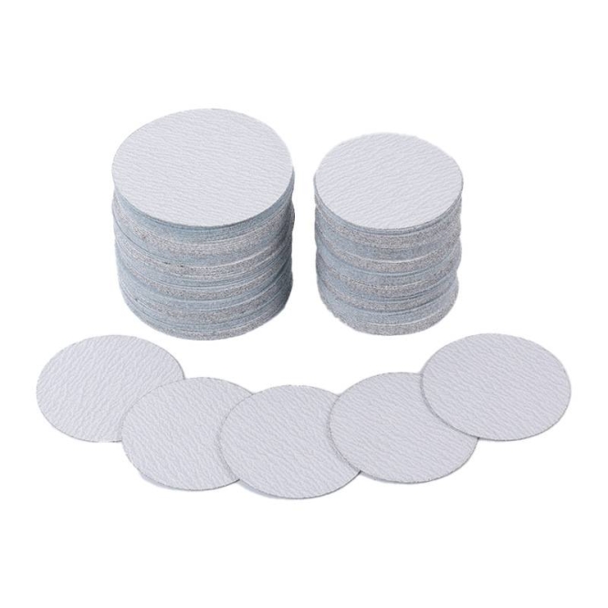 2-inch, 3-inch, 4-inch, 5-inch, 6-inch, 7-inch, and 9-inch round flocked white sandpaper