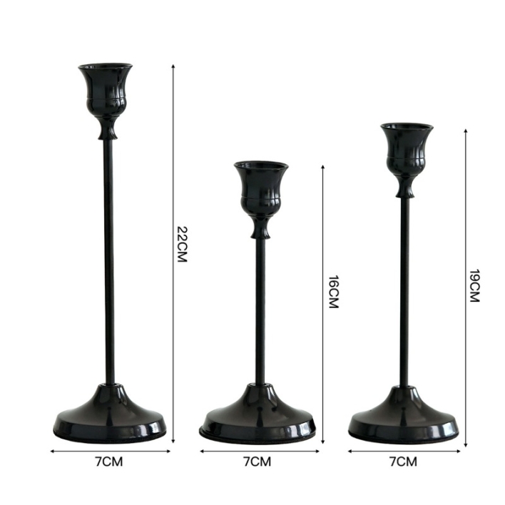 Gold, silver, and black candlestick three-piece set