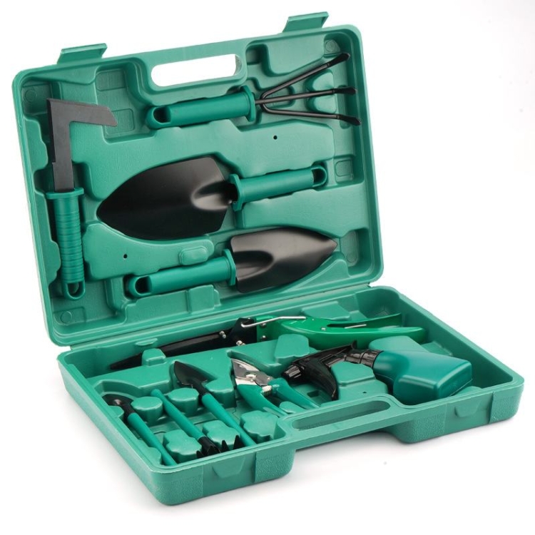 A ten-piece gardening tool set including a rake, shovel, weed cutter, scissors, spray bottle, and pruning shears.