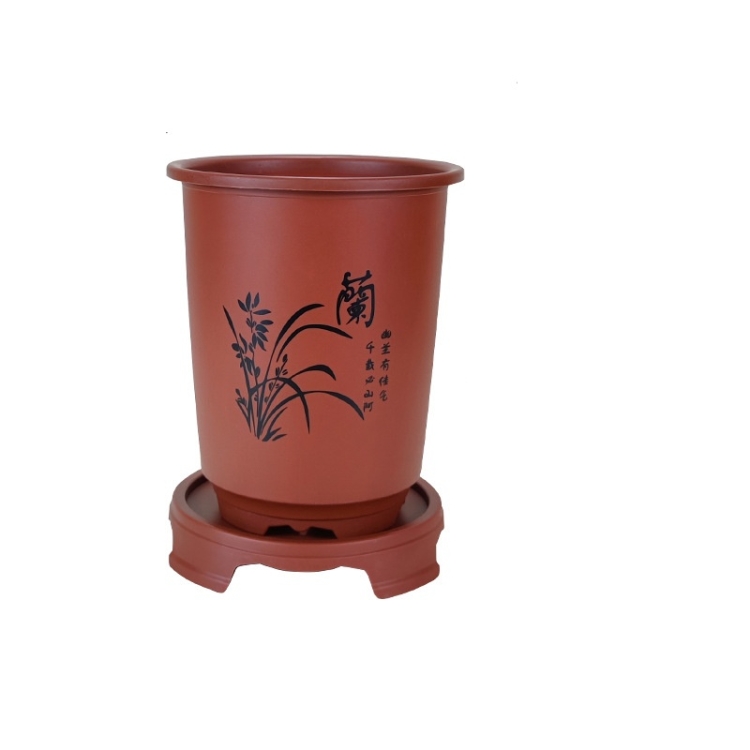Imitation Zisha clay cylindrical plastic flower pot with printed lettering