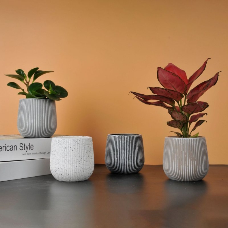 Imitation cement round striped plastic flower pot