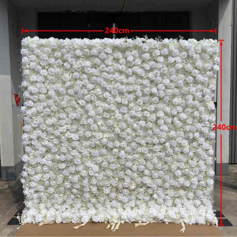 White artificial roses and hydrangea wall