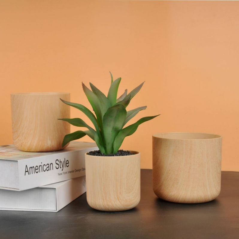 Wood grain plastic round flower pot