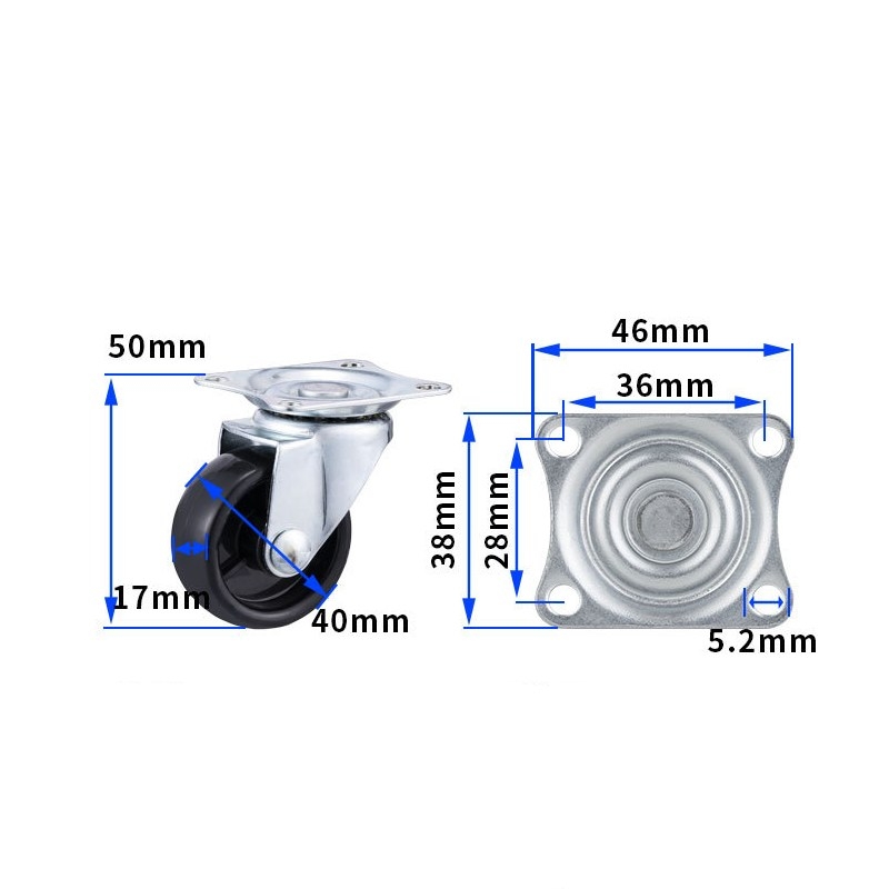 1-inch, 1.25-inch and 1.5-inch Black PP wheels