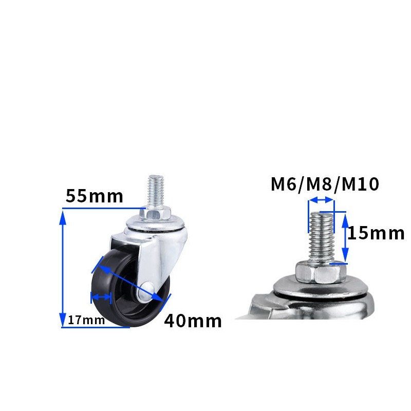 1-inch, 1.25-inch and 1.5-inch Black PP wheels