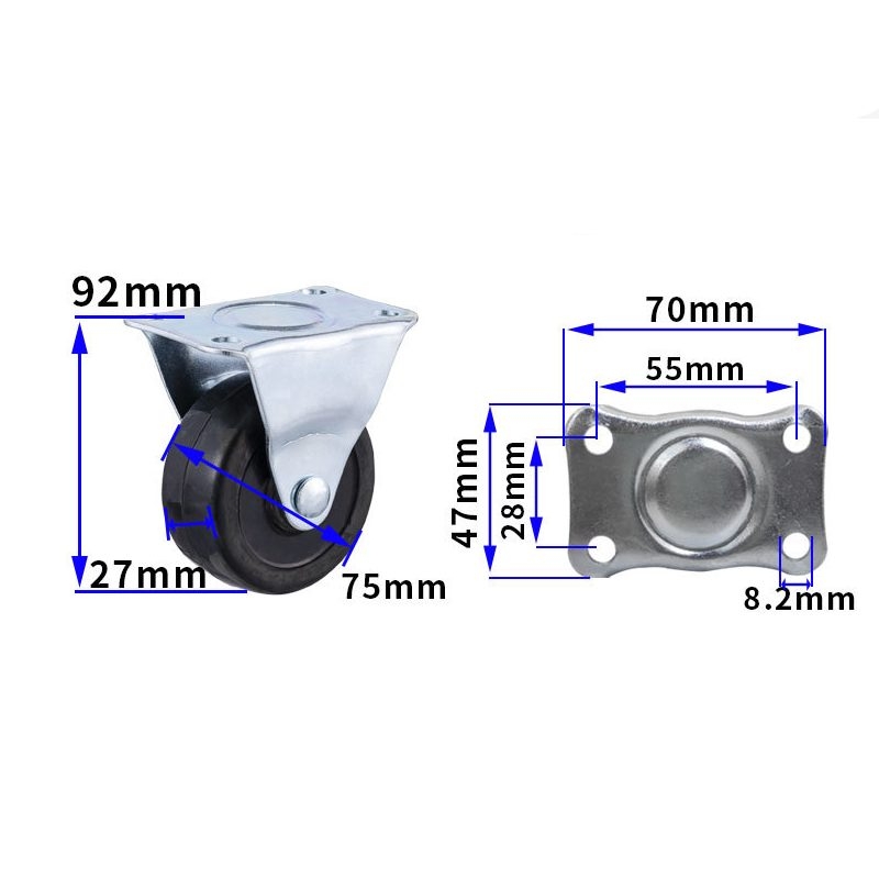 2-inch, 2.5-inch and 3-inch Black rubber wheels
