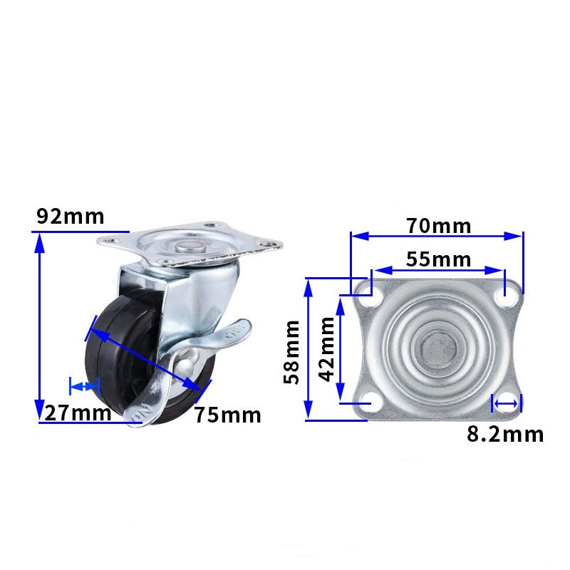 2-inch, 2.5-inch and 3-inch Black rubber wheels