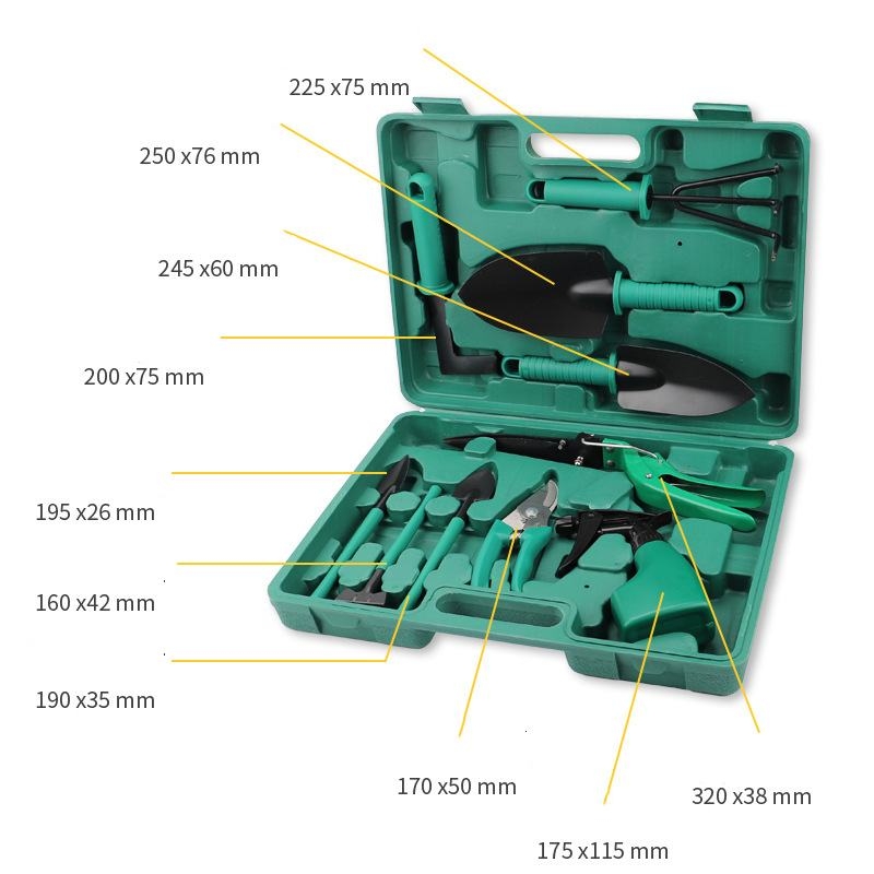 A ten-piece gardening tool set including a rake, shovel, weed cutter, scissors, spray bottle, and pruning shears.
