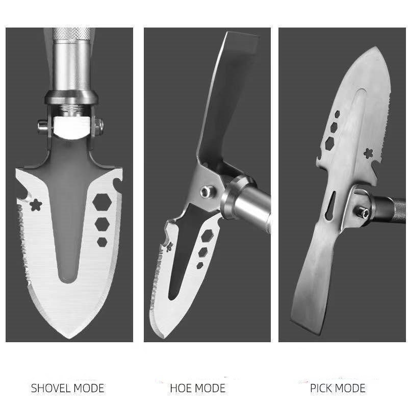 Three-in-one tool: shovel, hoe, and pickaxe