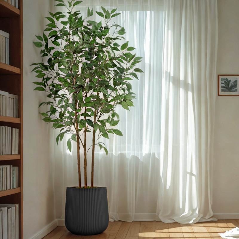 Large striped plastic flower pot