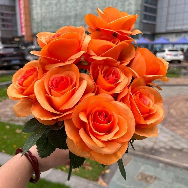 Artificial roses in various colors with nine flower heads