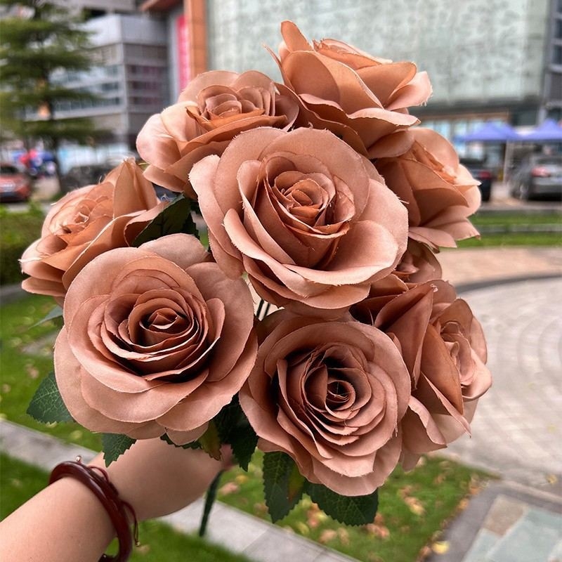 Artificial roses in various colors with nine flower heads