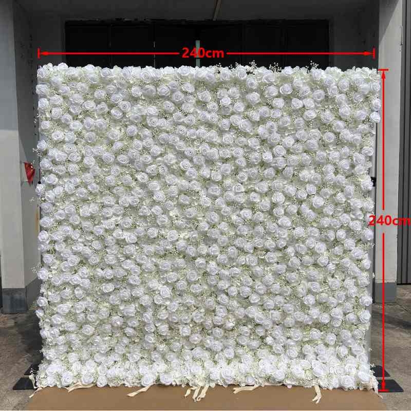 White artificial roses and hydrangea wall