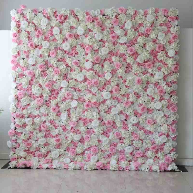 Artificial white and pink rose and hydrangea wall