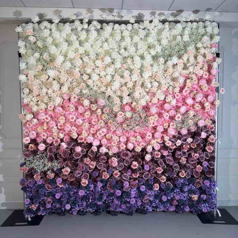 Artificial  Baby's breath, roses, hydrangeas wall in a gradient from white to purple