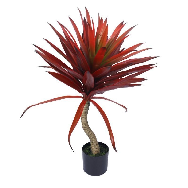 Artificial red agave plant in a black plastic pot