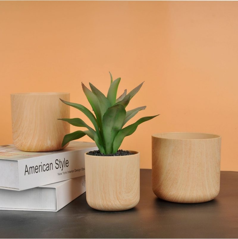 Wood grain plastic round flower pot